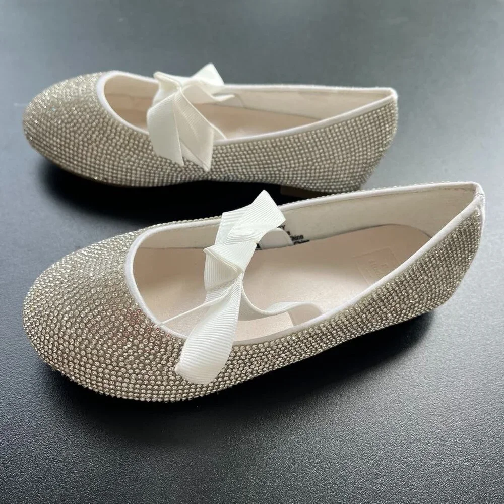 David’s Bridal Crystal Ballet Flats white shoes girl Ribbon Bow 12Y DB Studio